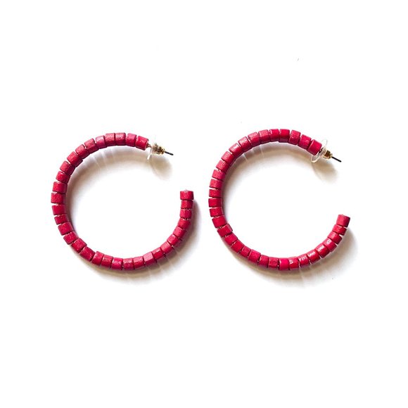 Red Beaded Hoop Earrings - Picture 1 of 3